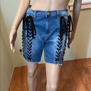 Akira Blue Denim Jean  Shorts  With Black Lace-Up On Front And Sides Size XL